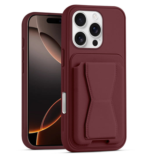 All in One Premium Leather Back Cover for Apple iPhone 16 Pro with Card Slot & Foldable Grip Holder