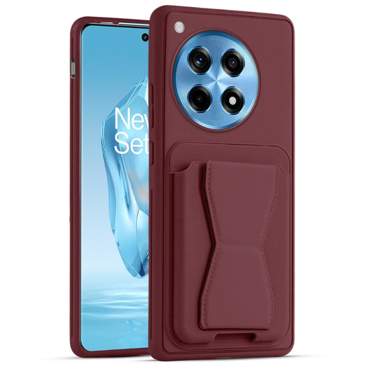 All in One Premium Leather Back Cover for OnePlus 12R 5G with Card Slot & Foldable Grip Holder