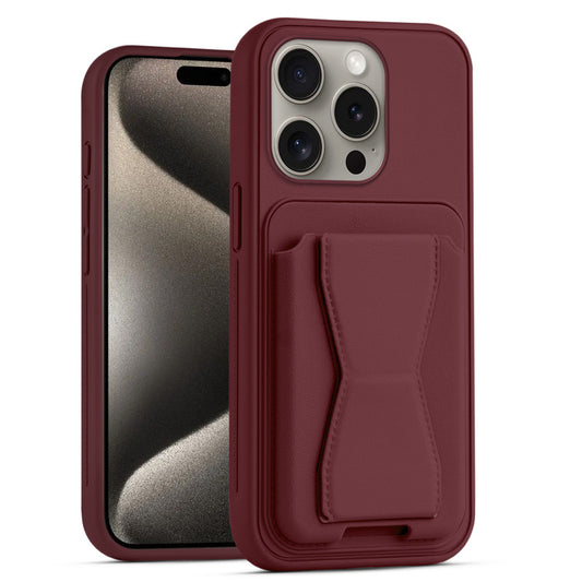 All in One Premium Leather Back Cover for Apple iPhone 15 Pro Max with Card Slot & Foldable Grip Holder