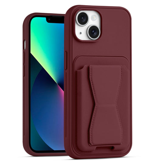 All in One Premium Leather Back Cover for Apple iPhone 13 with Card Slot & Foldable Grip Holder