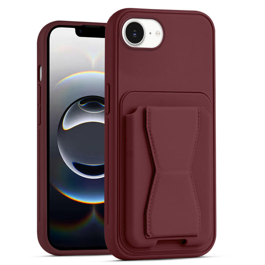 All in One Premium Leather Back Cover for Apple iPhone 16e with Card Slot & Foldable Grip Holder