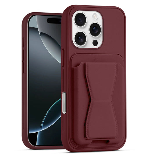 All in One Premium Leather Back Cover for Apple iphone 16 Pro Max with Card Slot & Foldable Grip Holder