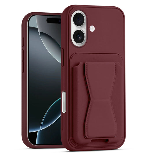 All in One Premium Leather Back Cover for Apple iPhone 16 with Card Slot & Foldable Grip Holder