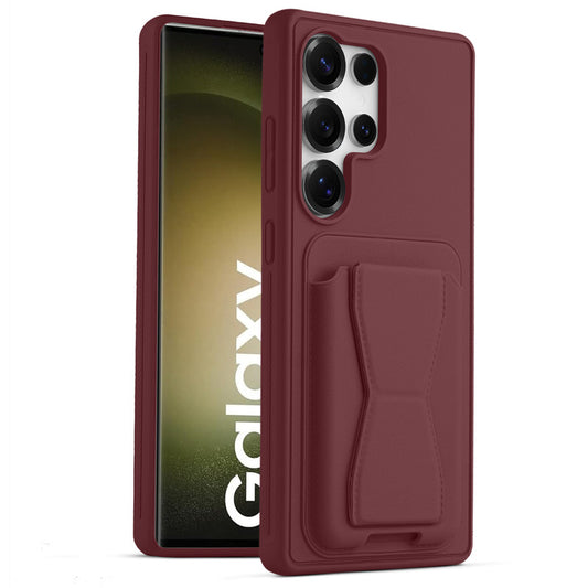 All in One Premium Leather Back Cover for Samsung S23 Ultra 5G with Card Slot & Foldable Grip Holder