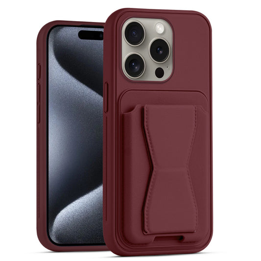 All in One Premium Leather Back Cover for Apple iPhone 15 Pro with Card Slot & Foldable Grip Holder