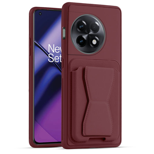 All in One Premium Leather Back Cover for OnePlus 11R 5G with Card Slot & Foldable Grip Holder