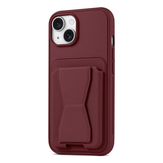 All in One Premium Leather Back Cover for Apple iPhone 14 with Card Slot & Foldable Grip Holder