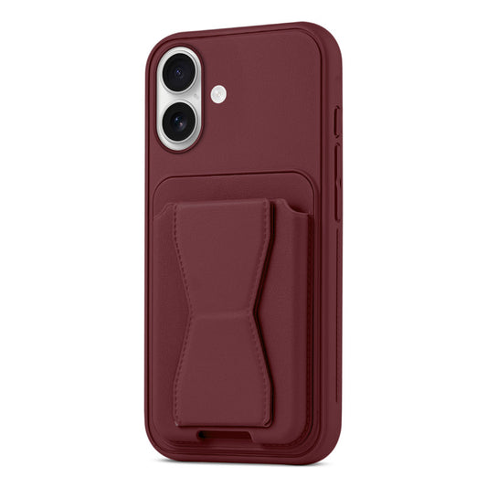 All in One Premium Leather Back Cover for Apple iPhone 16 with Card Slot & Foldable Grip Holder