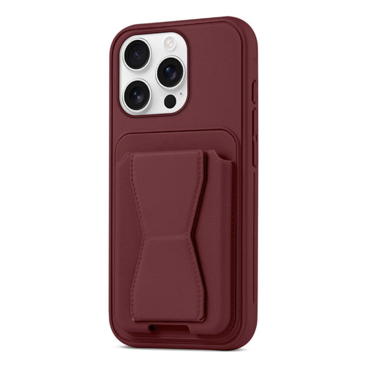 All in One Premium Leather Back Cover for Apple iPhone 16 Pro with Card Slot & Foldable Grip Holder