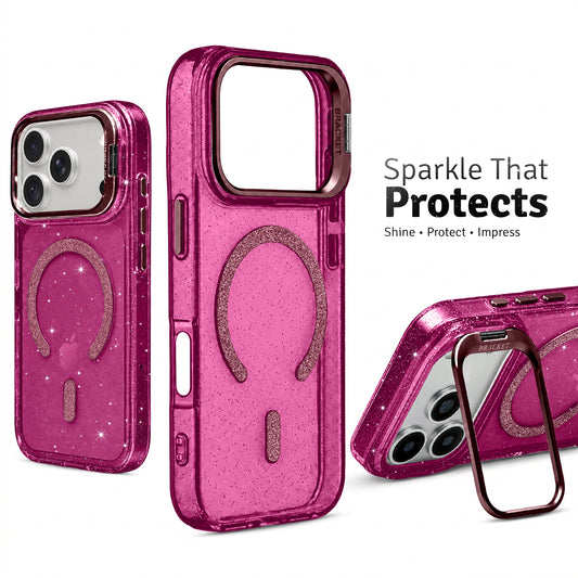 Apple iPhone 18 Pro Luxury Glitter Case with Hard Back, Soft TPU Edges, Camera Ring Stand & MagSafe Compatibility