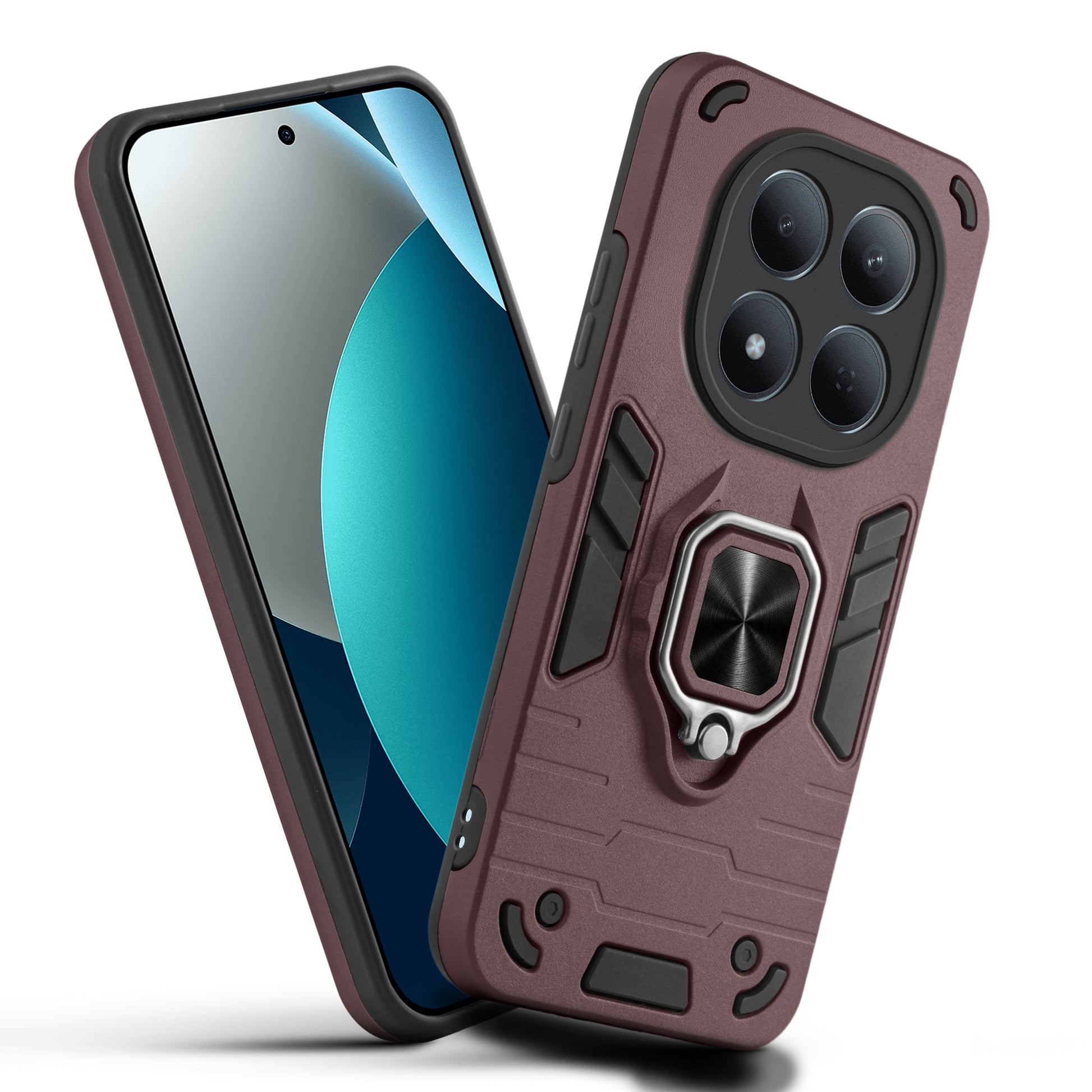 Front and back view of Redmi Note 15 Pro 5G fitted with a protective case and ring grip