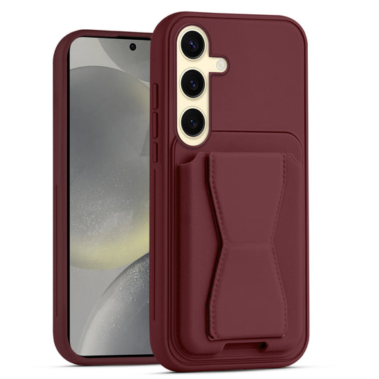 All in One Premium Leather Back Cover for Samsung S24 5G with Card Slot & Foldable Grip Holder