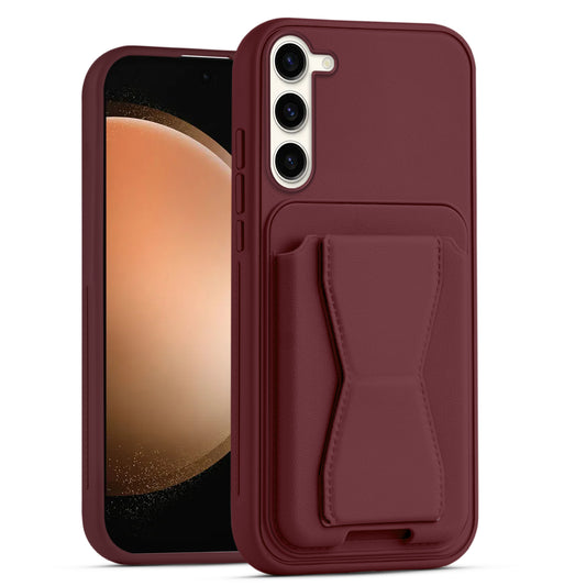 All in One Premium Leather Back Cover for Samsung S23 5G with Card Slot & Foldable Grip Holder