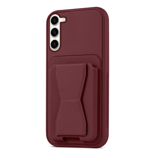 All in One Premium Leather Back Cover for Samsung S23 5G with Card Slot & Foldable Grip Holder