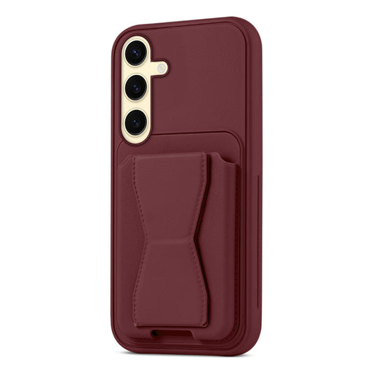 All in One Premium Leather Back Cover for Samsung S24 5G with Card Slot & Foldable Grip Holder