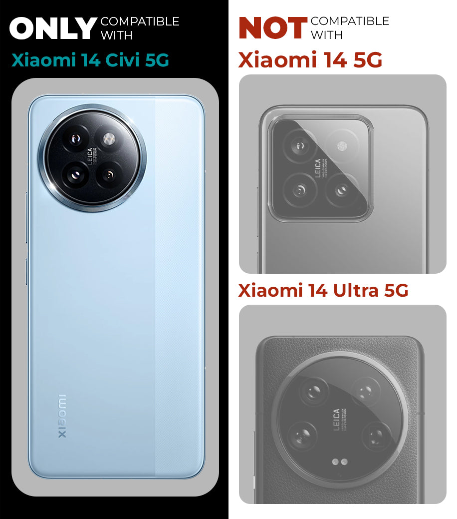 Clear hard back case compatibility guide showing fit for Xiaomi 14 Civi 5G and not compatible with other models