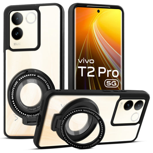 Transparent Back Cover with Silicone frame Matte Ring Holder Kickstand Case For Vivo T2 Pro 5G