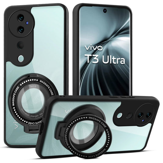 Transparent Back Cover with Silicone frame Matte Ring Holder Kickstand Case For Vivo T3 Ultra 5G
