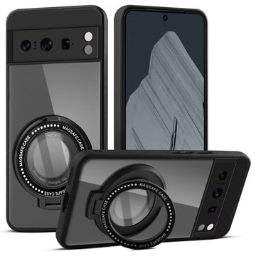 Transparent Back Cover with Silicone frame Matte Ring Holder Kickstand Case For Google Pixel 8 Pro