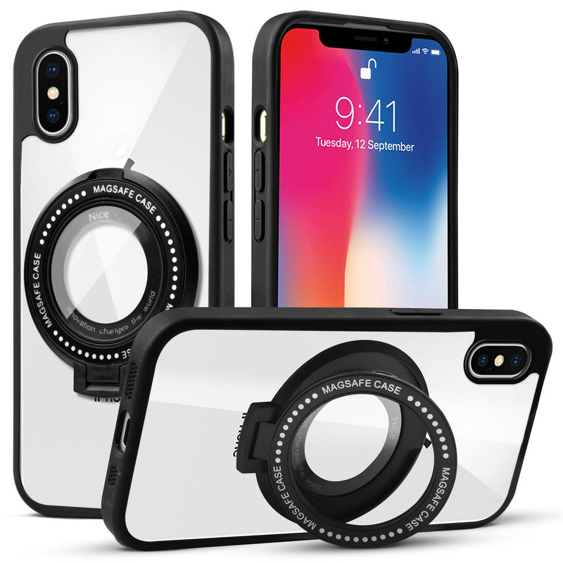 Transparent Back Cover with Silicone frame Matte Ring Holder Kickstand Case For Apple iPhone X