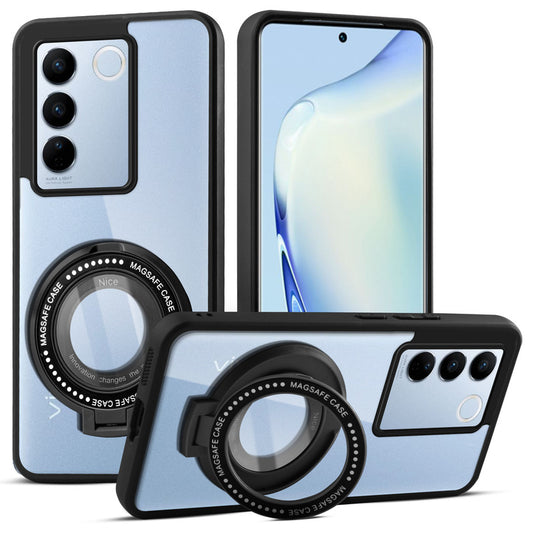 Transparent Back Cover with Silicone frame Matte Ring Holder Kickstand Case For Vivo V27 Pro 5G