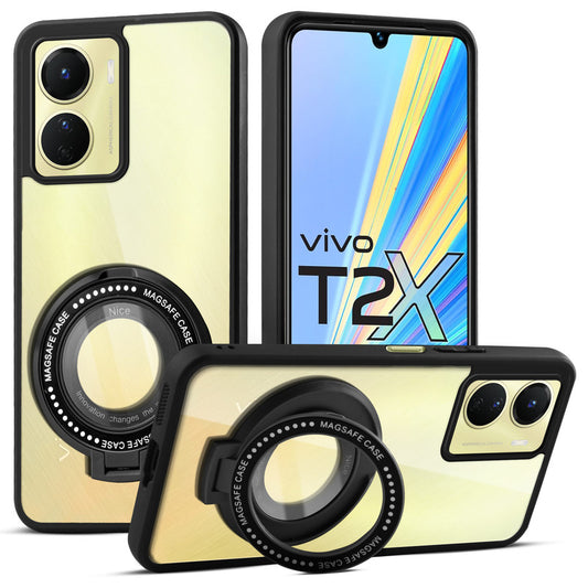 Transparent Back Cover with Silicone frame Matte Ring Holder Kickstand Case For Vivo T2x 5G