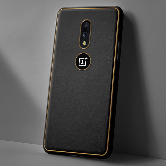 Electroplated Frame Leather Back Cover for OnePlus 7