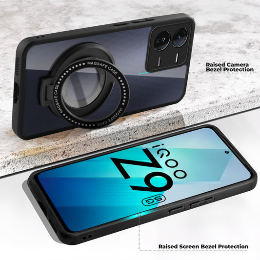 Transparent Back Cover with Silicone frame Matte Ring Holder Kickstand Case For iQOO Z9 5G
