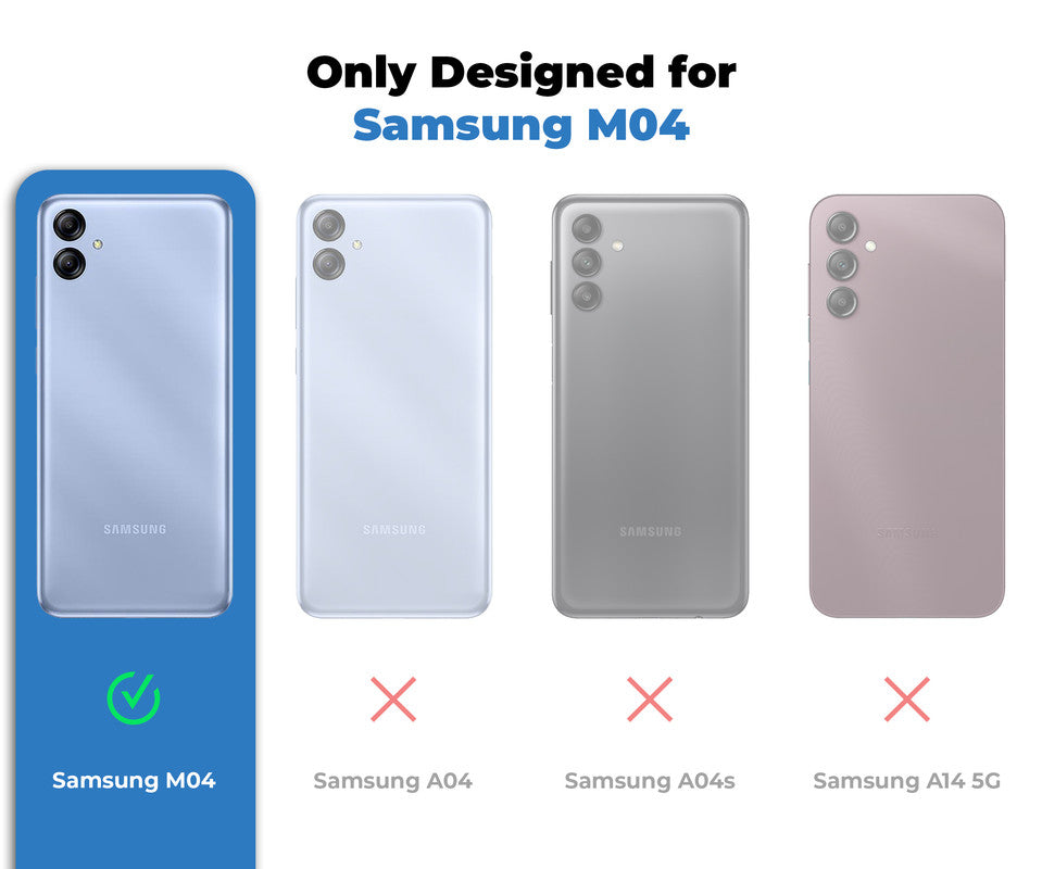 Clear hard back case compatibility guide showing fit for Samsung M04 and not compatible with other models