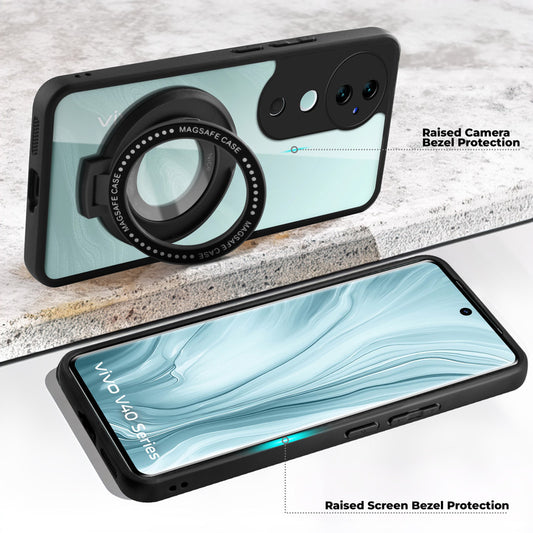 Transparent Back Cover with Silicone frame Matte Ring Holder Kickstand Case For Vivo V40 5G
