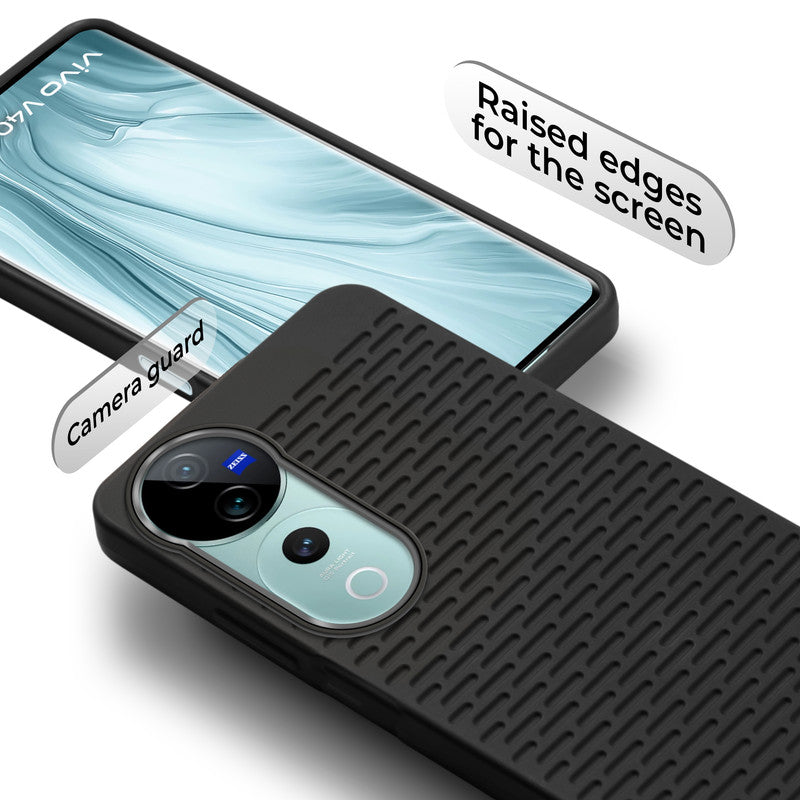 Soft Silicone Mobile Back Cover For Vivo V40 Pro 5G with Dash Type Groove and Matte Gray Camera Ring