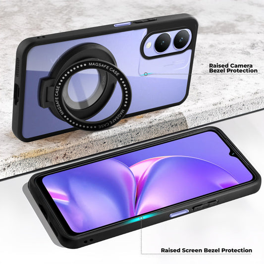 Transparent Back Cover with Silicone frame Matte Ring Holder Kickstand Case For Vivo Y28 5G