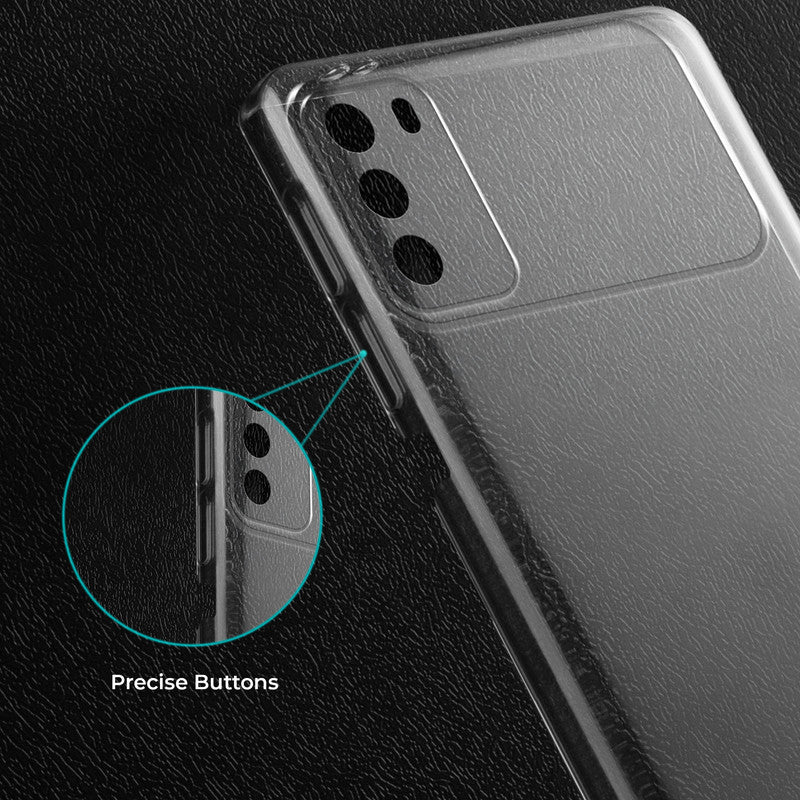Close-up view of transparent case showing precise button cutouts and responsive side button coverage for Poco M3 4G