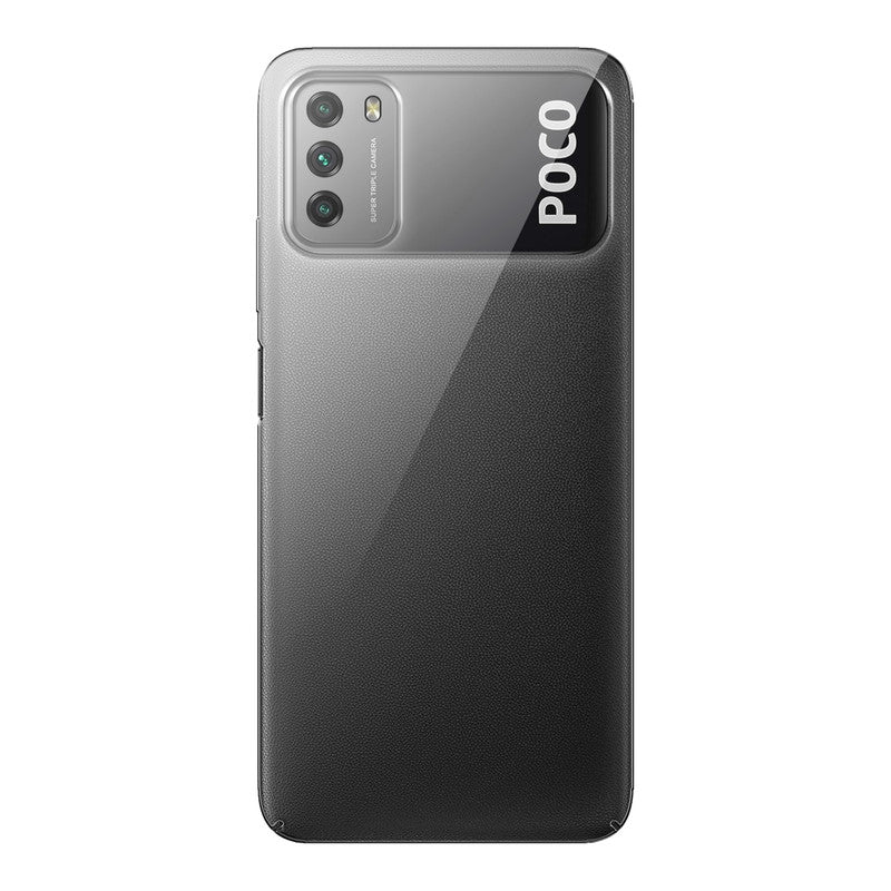 Back view of Poco M3 4G showing camera module and clean rear design with protective case