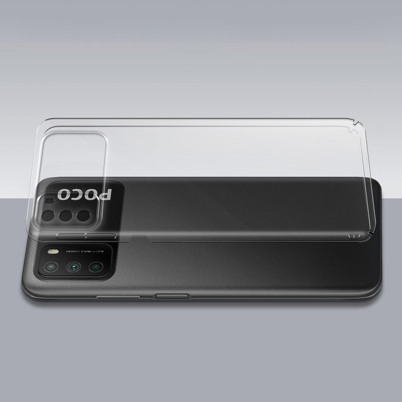 Transparent hard back case being installed on Poco M3 4G showing perfect alignment and camera protection fit