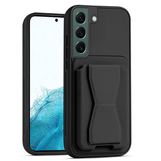 All in One Premium Leather Back Cover for Samsung S22 5G with Card Slot & Foldable Grip Holder