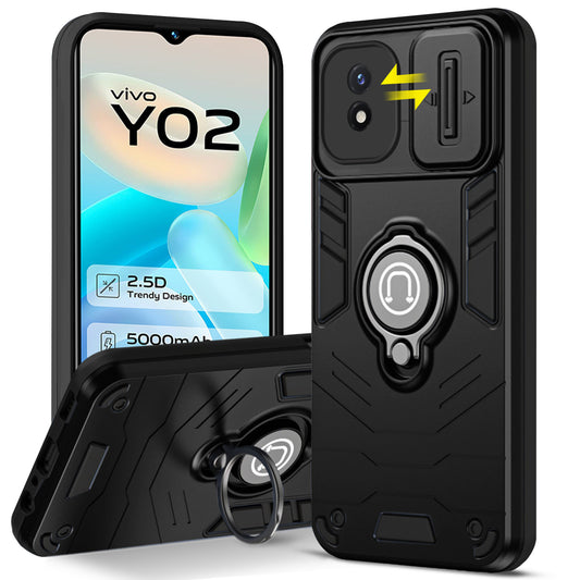 Ultra Rugged Armor Case with Rotating Ring Holder & Shutter Camera Protection Back Case For Vivo Y02