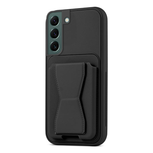 All in One Premium Leather Back Cover for Samsung S22 5G with Card Slot & Foldable Grip Holder