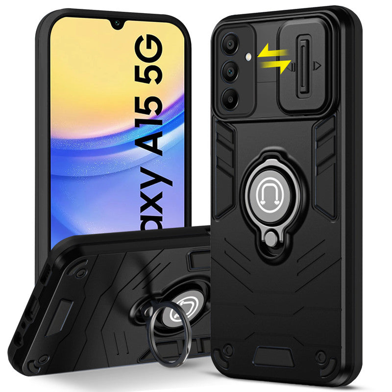 Ultra Rugged Armor Case with Rotating Ring Holder & Shutter Camera Protection Back Case For Samsung A15 5G