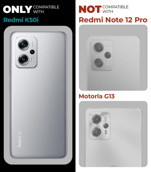 Clear hard back case compatibility guide showing fit for Redmi K50i 5G and not compatible with other models