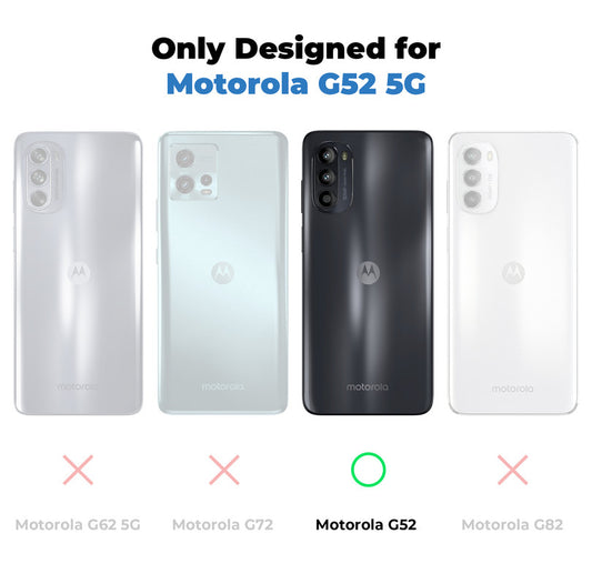 Clear hard back case compatibility guide showing fit for Motorola Moto G52 and not compatible with other models