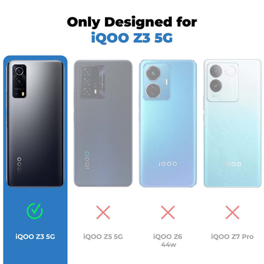 Clear hard back case compatibility guide showing fit for iQOO Z3 5G and not compatible with other models