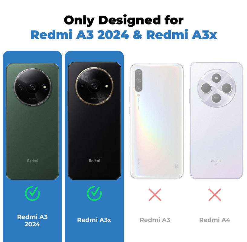 Clear hard back case compatibility guide showing fit for Redmi A3x and not compatible with other models