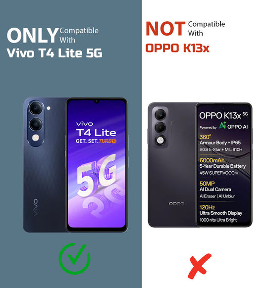 Clear hard back case compatibility guide showing fit for Vivo T4 Lite 5G and not compatible with other models