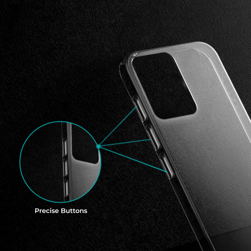 Close-up view of transparent case showing precise button cutouts and responsive side button coverage for Vivo Y02T