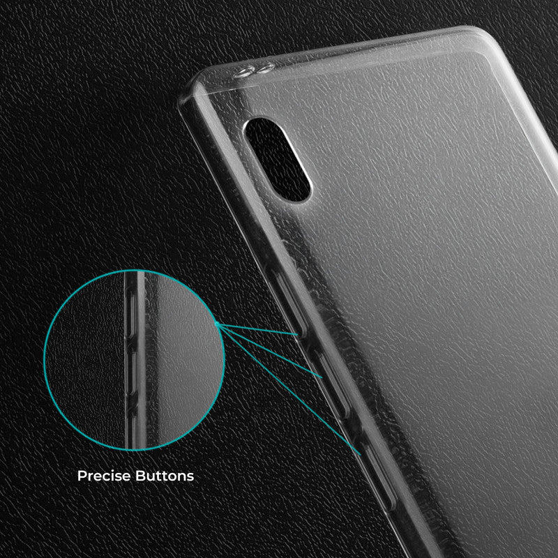 Close-up view of transparent case showing precise button cutouts and responsive side button coverage for Samsung A10