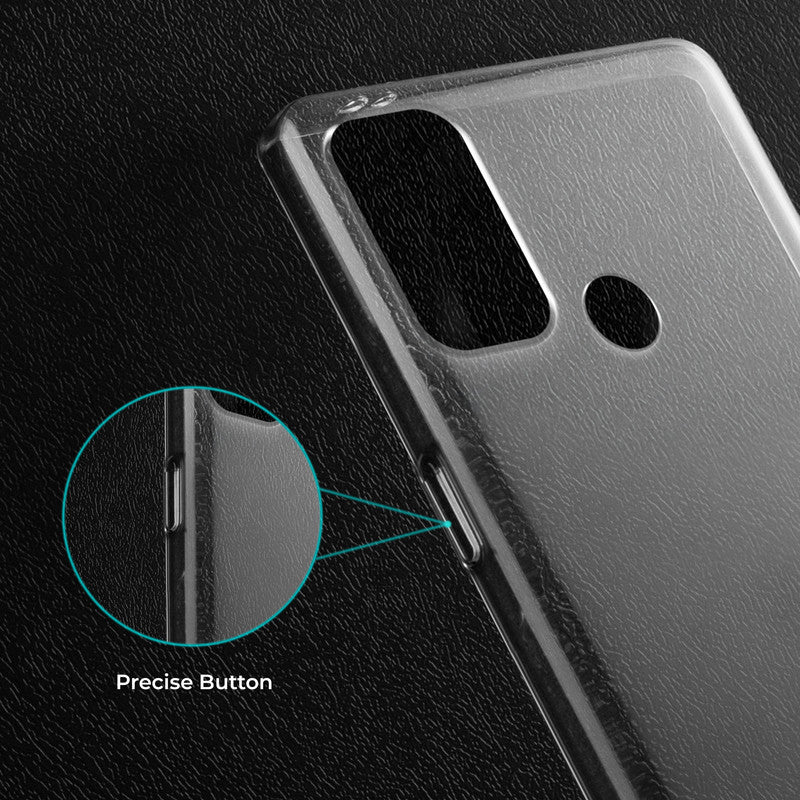 Close-up view of transparent case showing precise button cutouts and responsive side button coverage for Oppo A33 2020