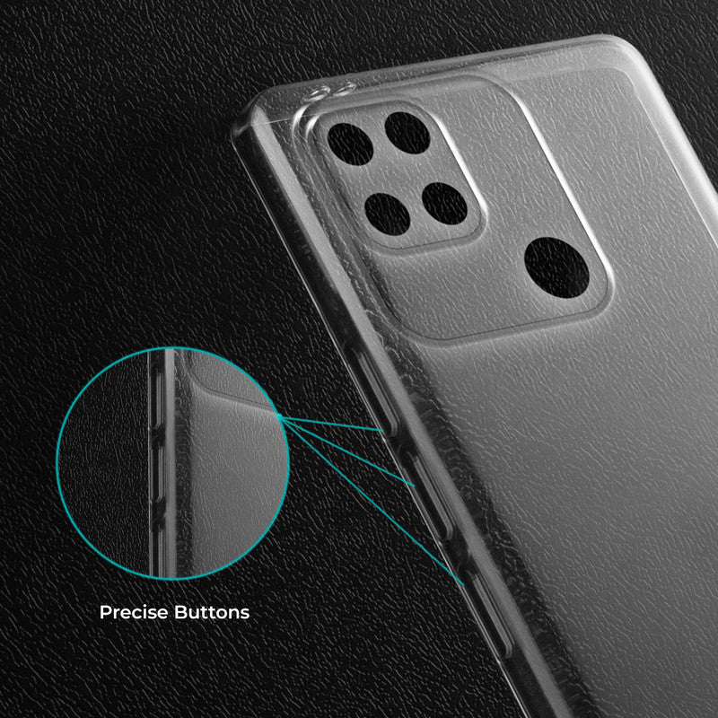 Close-up view of transparent case showing precise button cutouts and responsive side button coverage for Redmi 10C