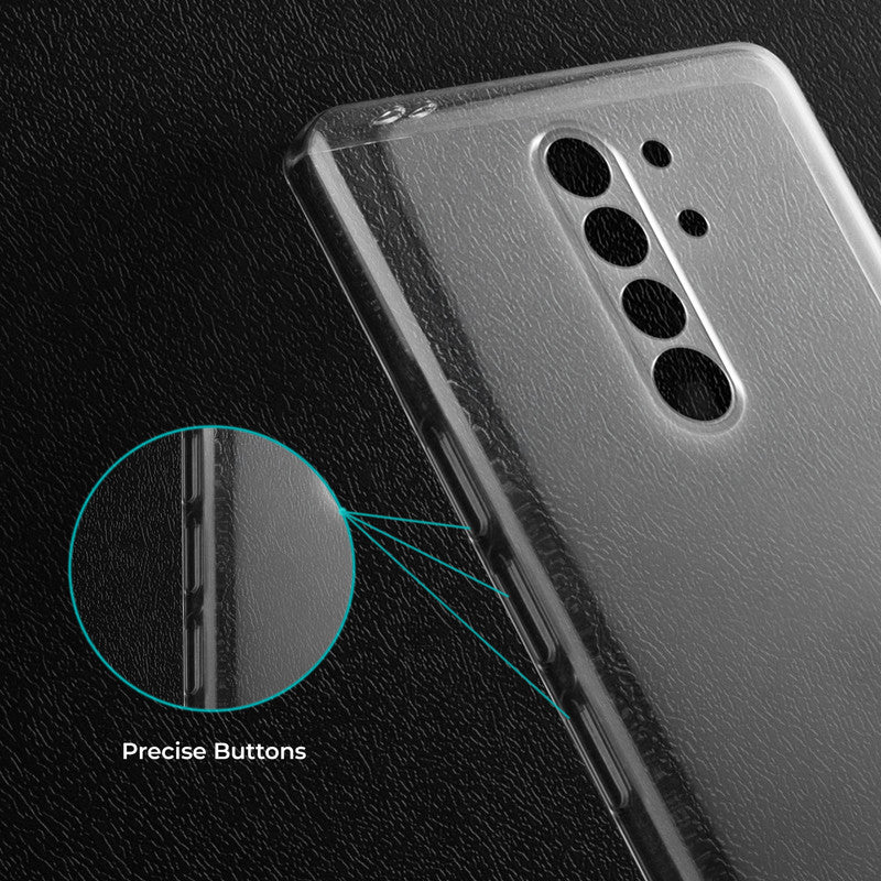 Close-up view of transparent case showing precise button cutouts and responsive side button coverage for Redmi 9 Prime