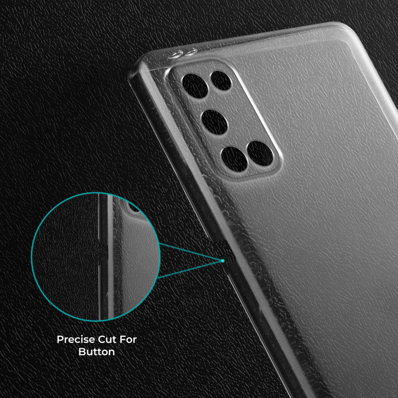 Close-up view of transparent case showing precise button cutouts and responsive side button coverage for Oppo A52